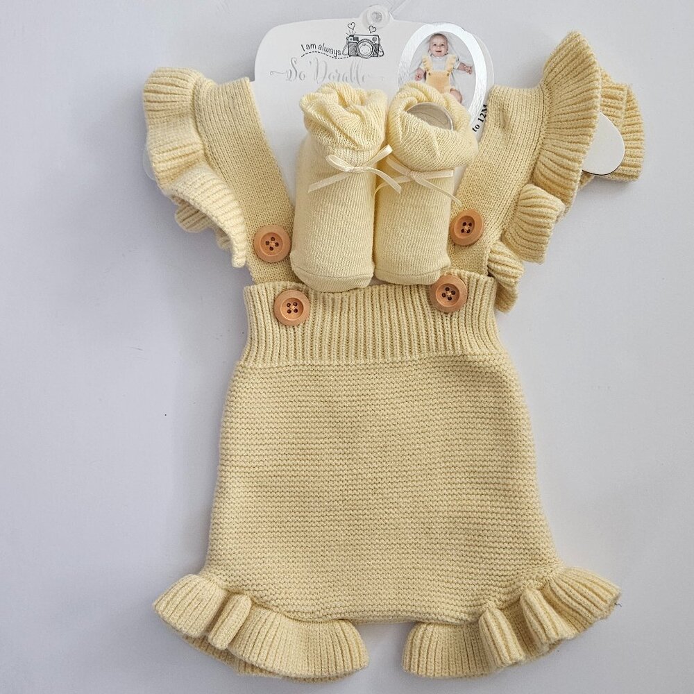 So 'Dorable Yellow Knit Romper & Booties Set Boho Ruffle 0-12M NWT
